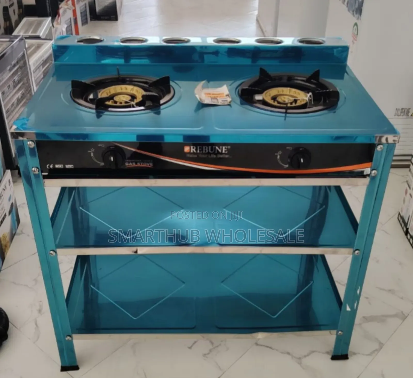 Heavy Duty Rebune Double Burner Standing Gas Stove With Shelves