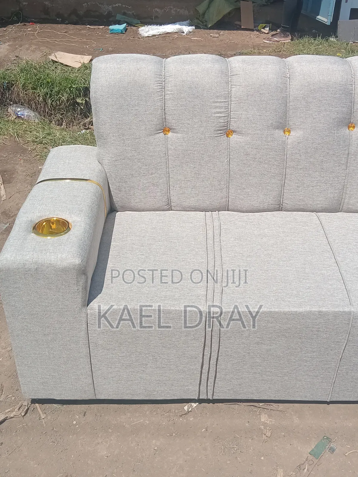 Grey Tufted Sofa Set With Cup Holders