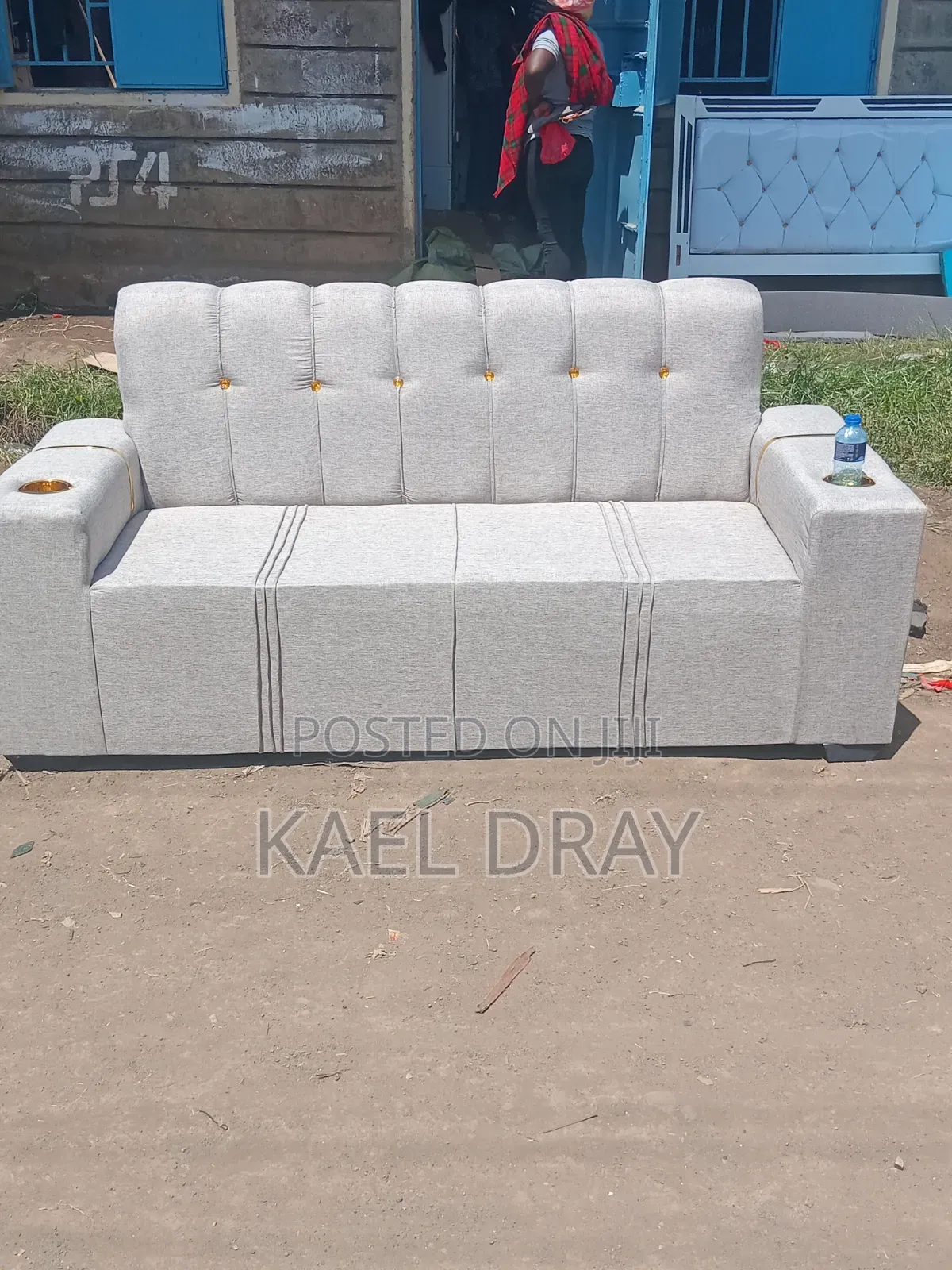 Grey Tufted Sofa Set With Cup Holders