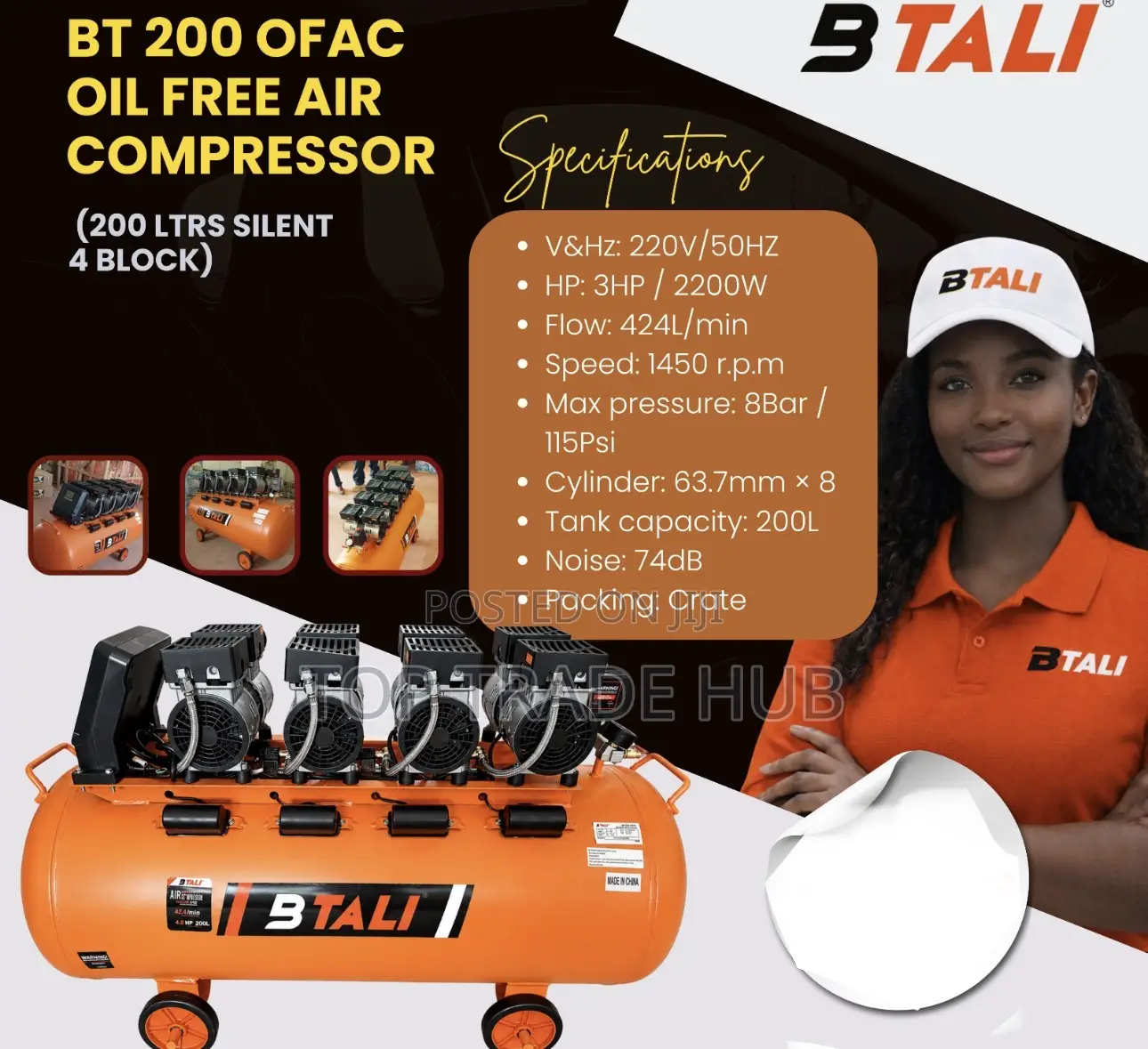 Btali Bt200 Ofac 200l Silent Oil Free Air Compressor 4hp Motor