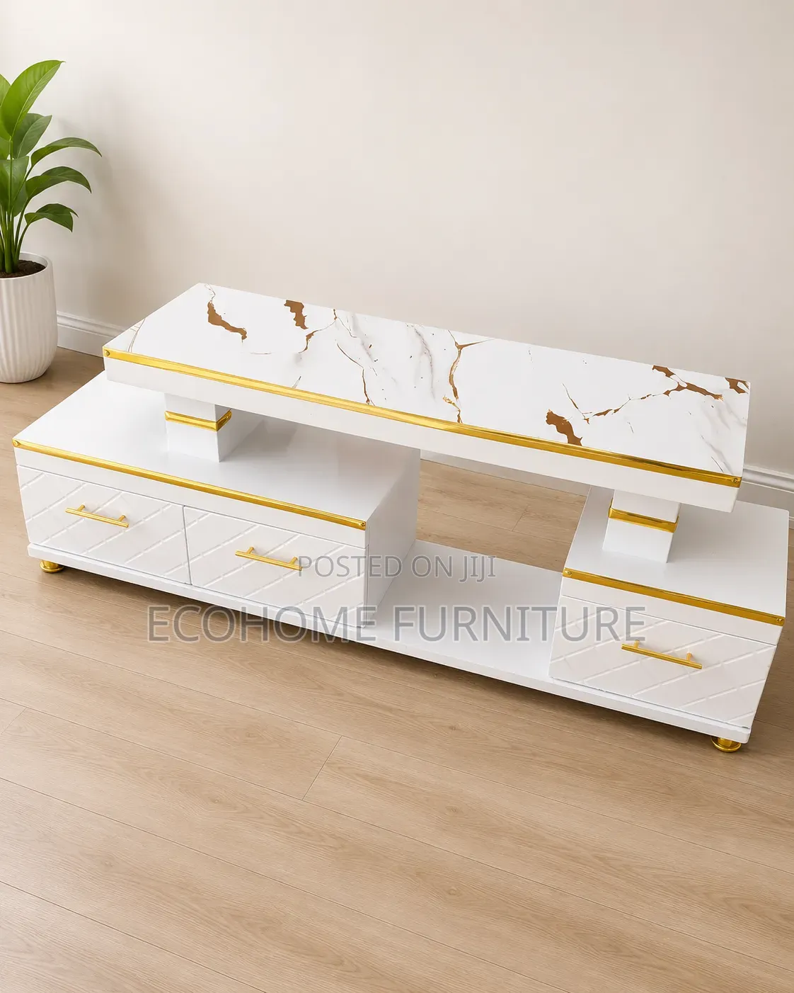 Modern LED TV Stand – White Gold Marble Finish (5FT)