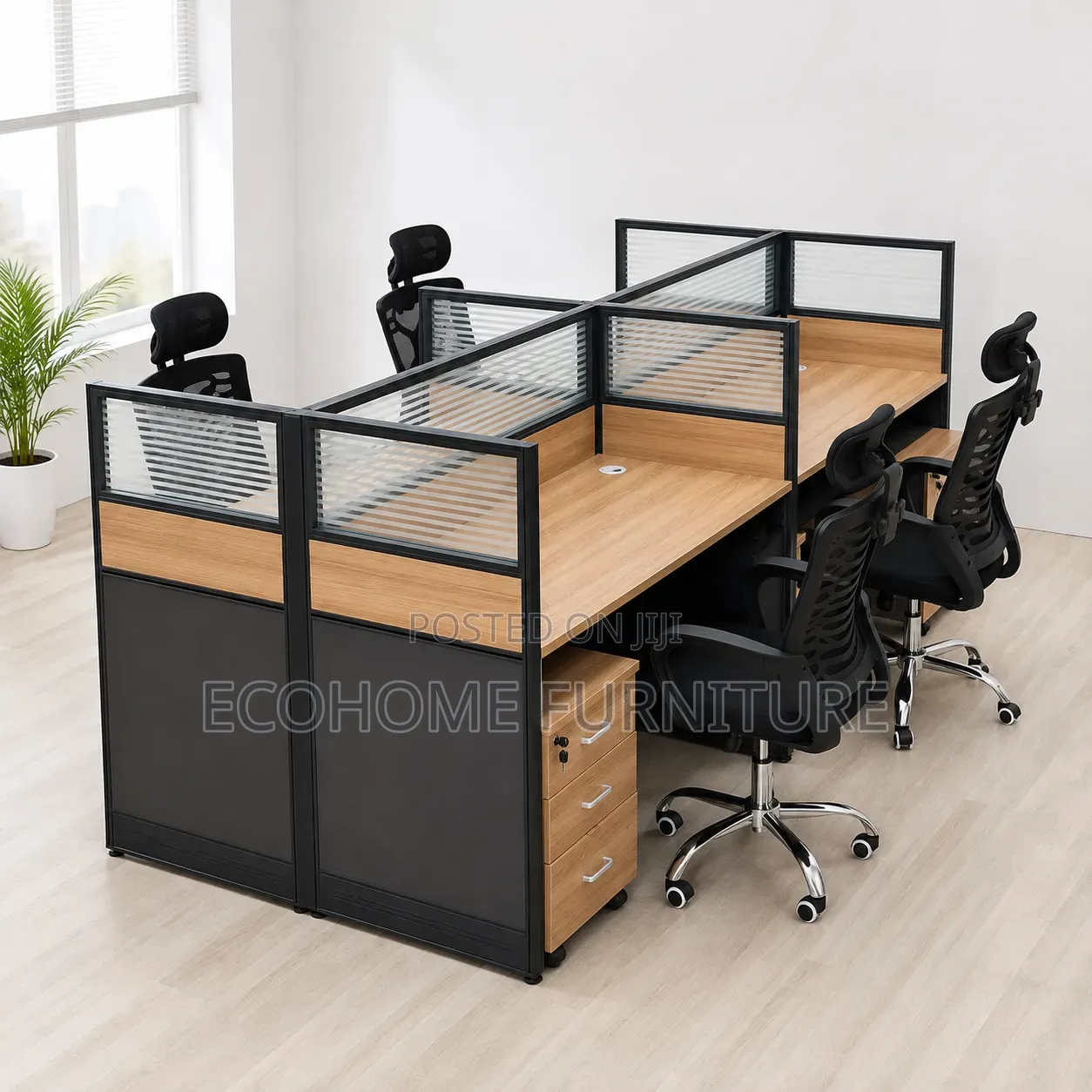 4-Seater Office Workstation With Privacy Partitions Mobile Pedestals