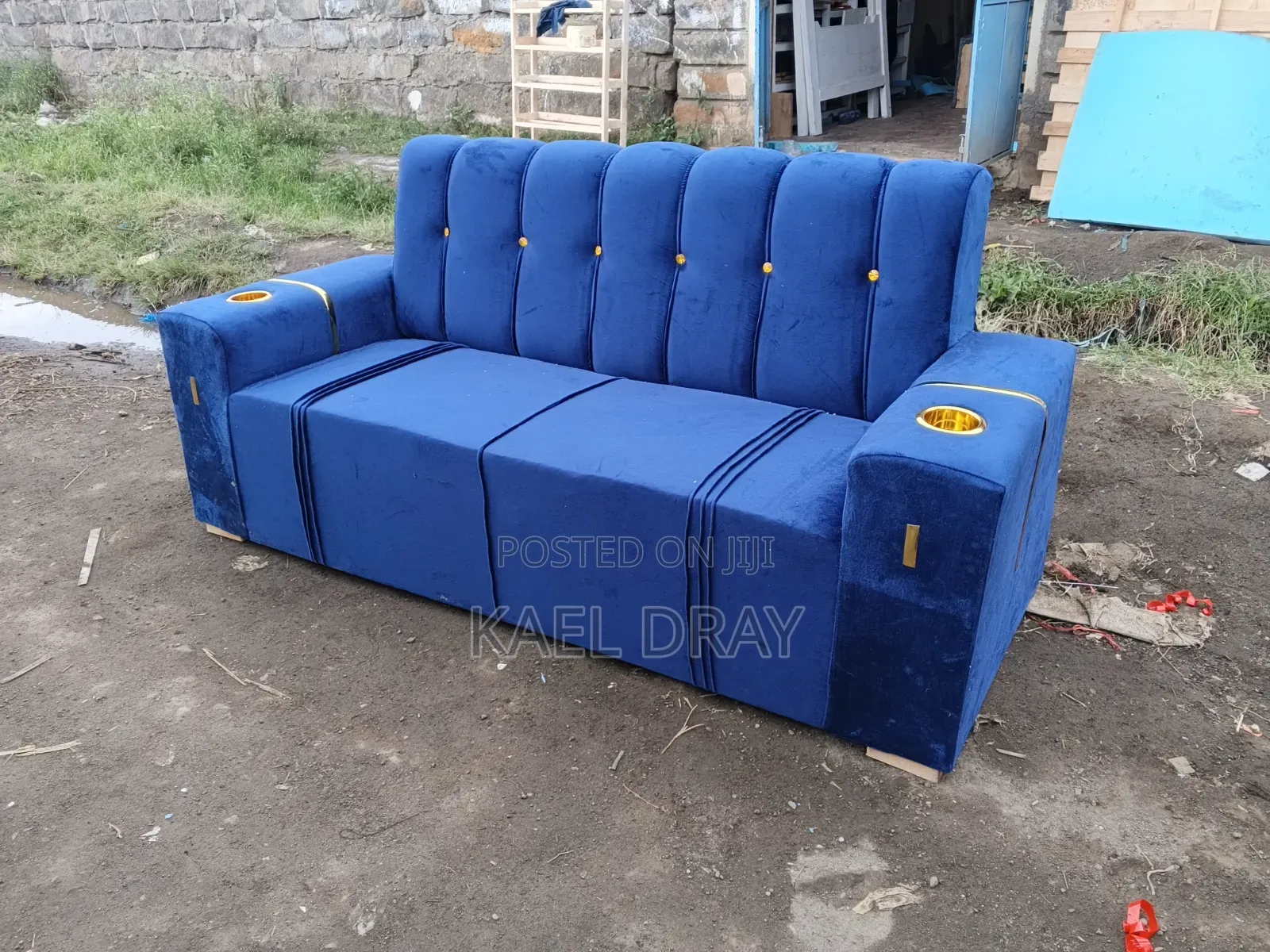 Tufted Sofa With Gold Trim Cup Holders – Available in Blue Black