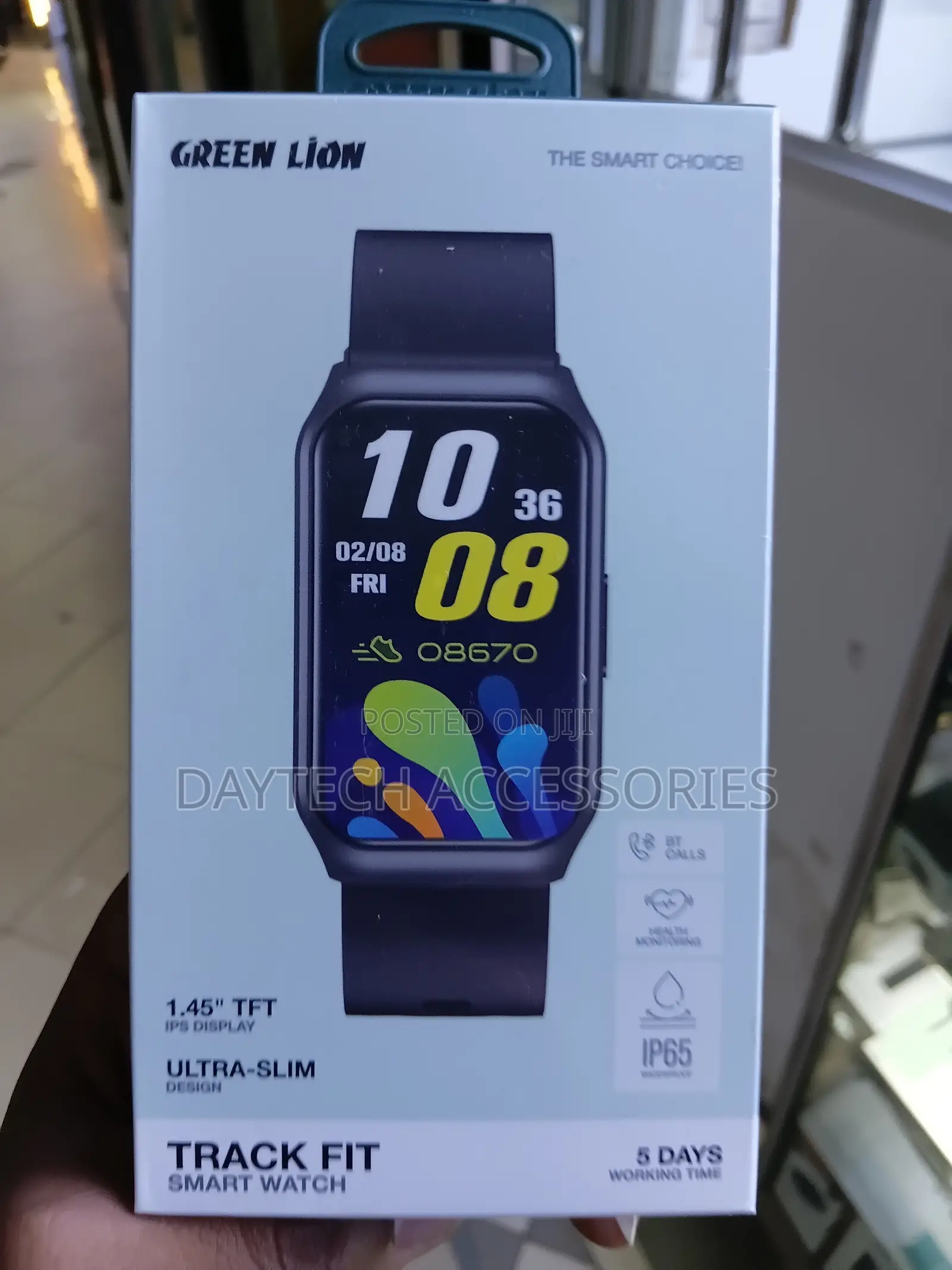 This Green Lion Track Fit Smart Watch a Sleek Black Design.