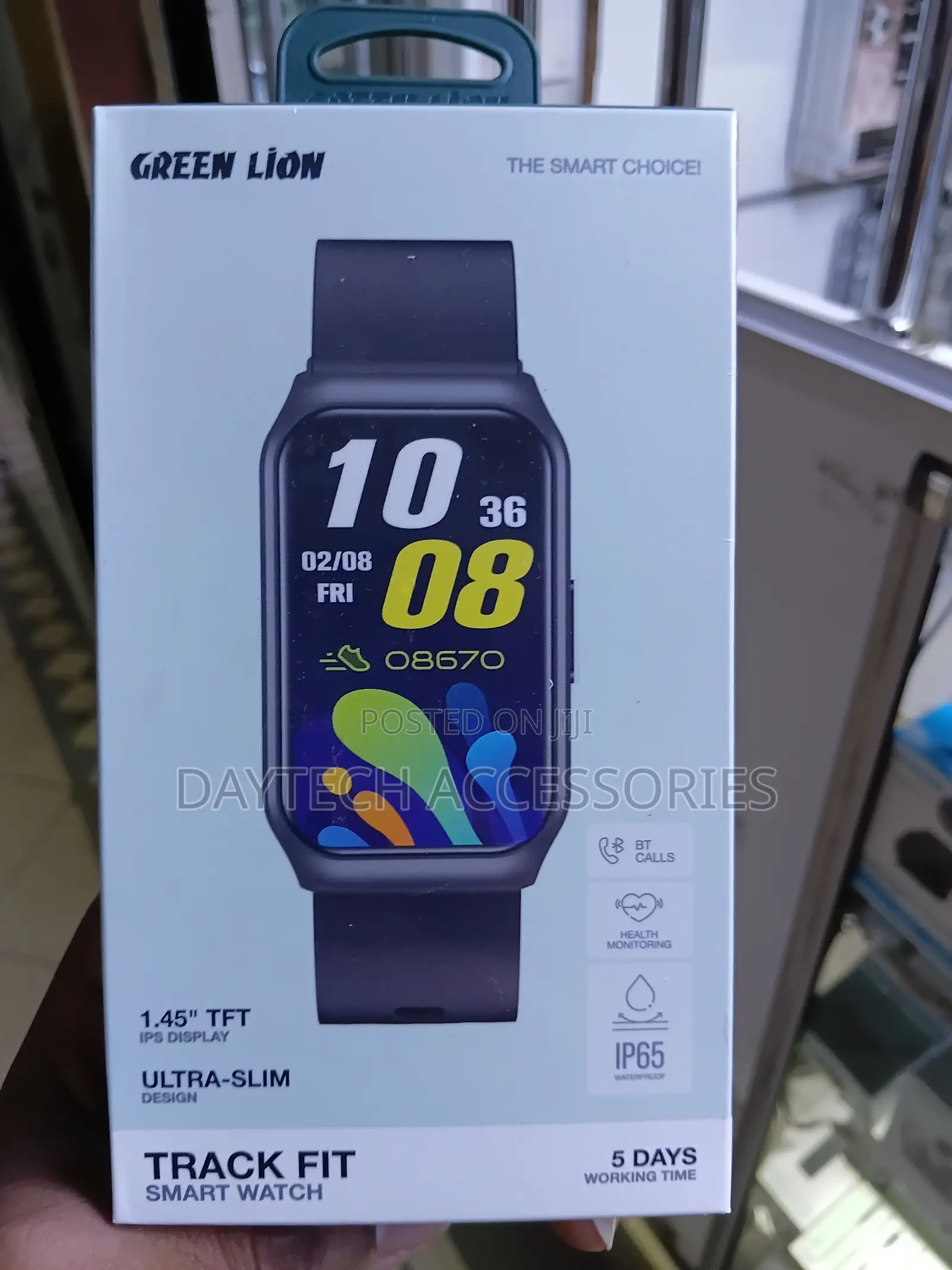 This Green Lion Track Fit Smart Watch a Sleek Black Design.