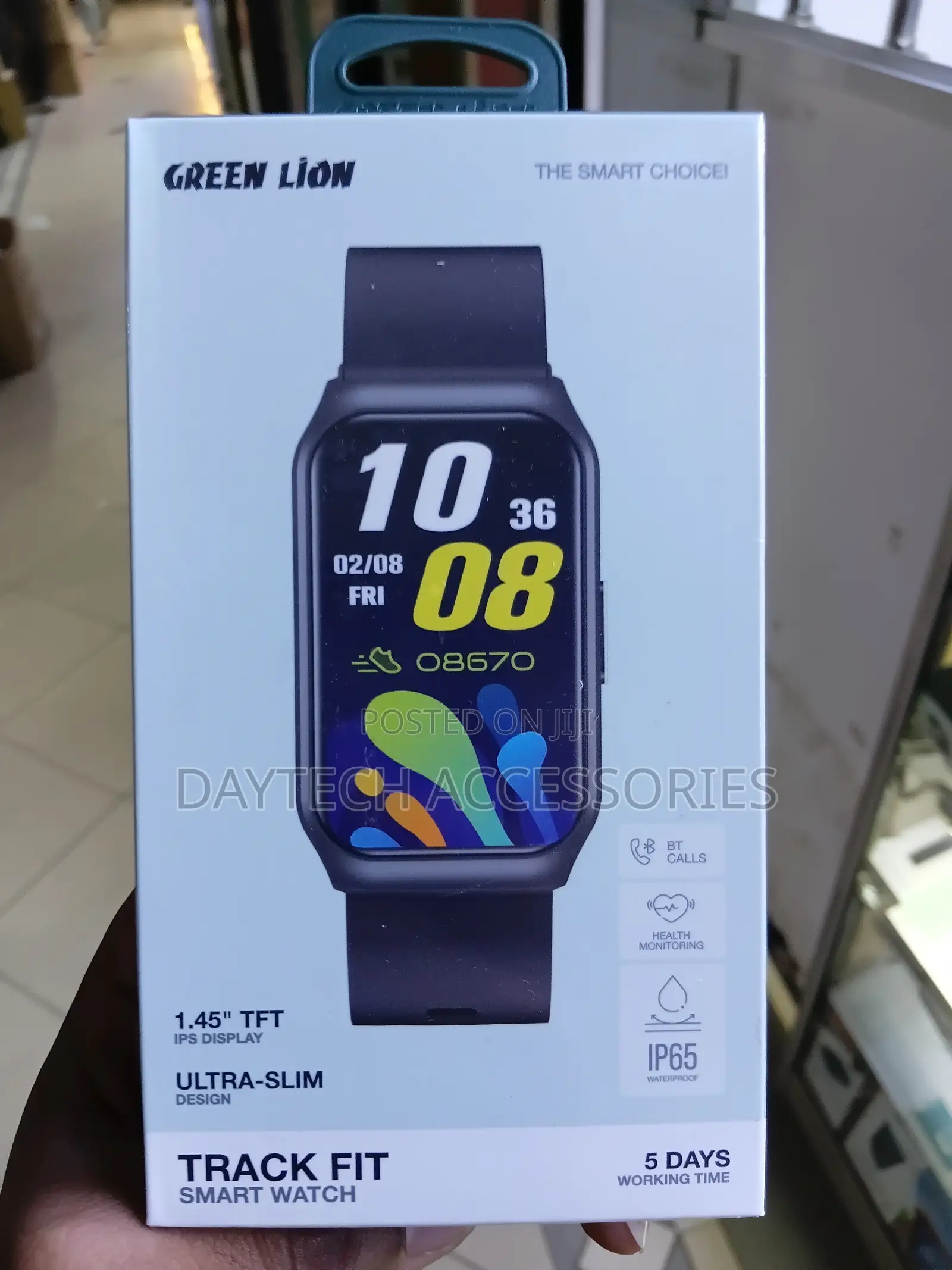 This Green Lion Track Fit Smart Watch a Sleek Black Design.