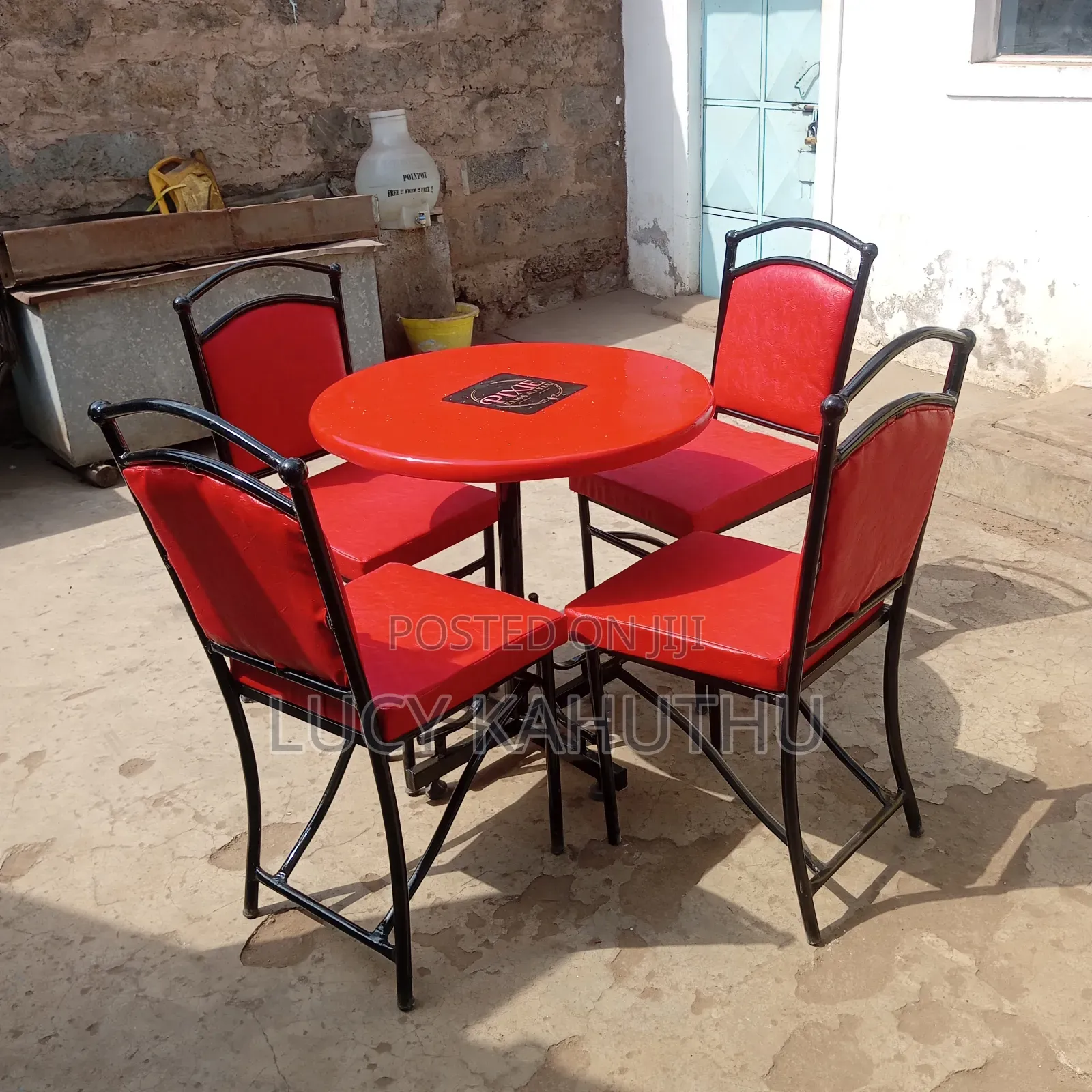 Red Set of Knob Chairs and Round Table