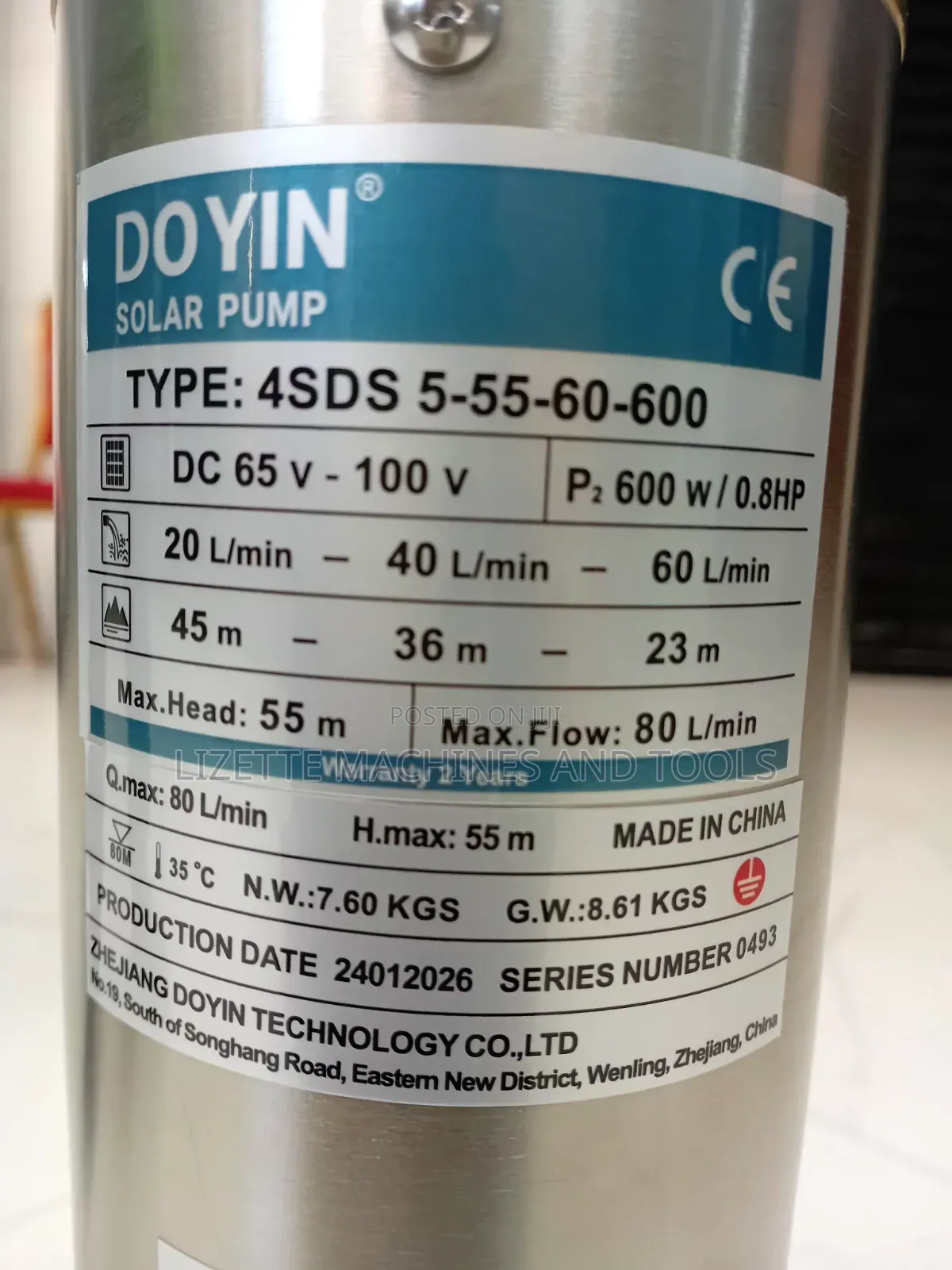 4SDS5 Doyin 55m Head Solar Submersible Pump 600W, 0.8hp