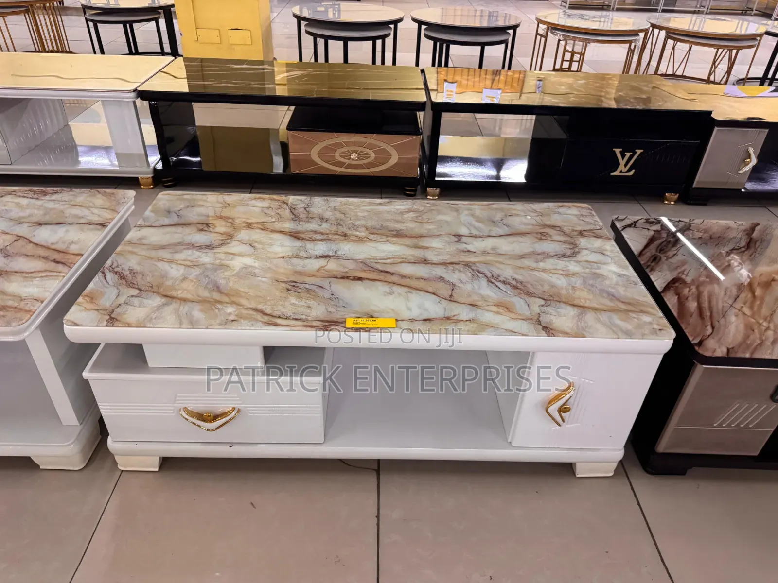 This Modern Coffee Table Sleek Black Marble-Patterned Glass Top