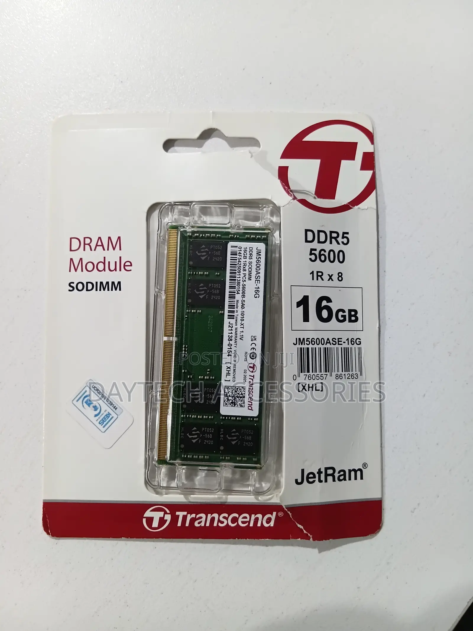 Transcend JetRam 16GB DDR5 RAM 5600MHz Unbuffered SO-DIMM 1Rx8 CL46.