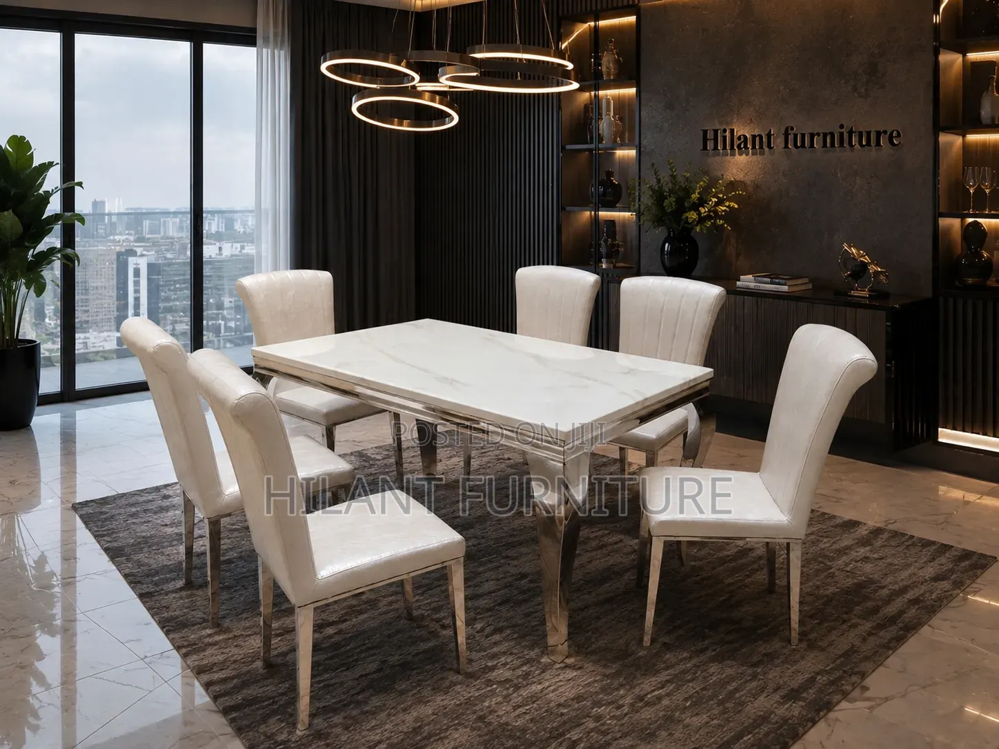 Unique Silver Six-Seater Marble Dining