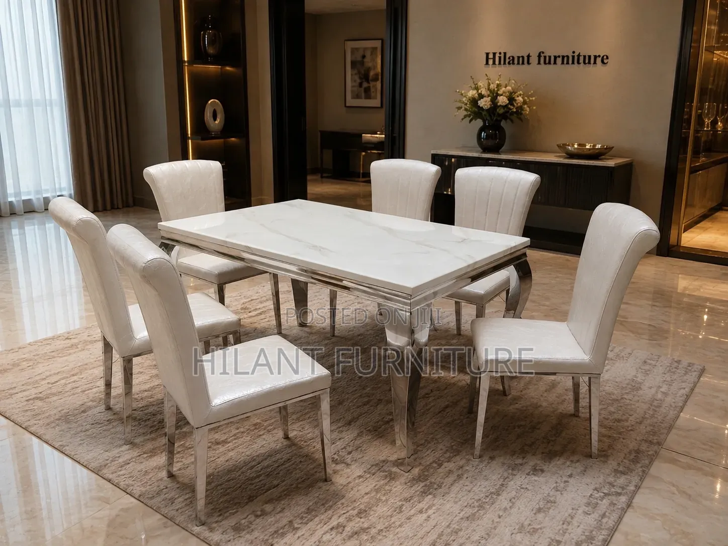 Unique Silver Six-Seater Marble Dining