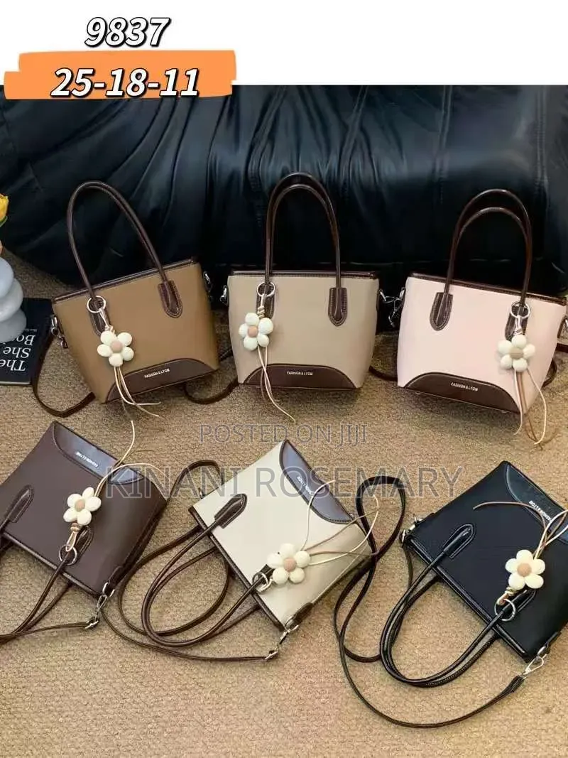 Two-Tone PU Leather Tote Handbag With Flower Charm – Brown Coffee