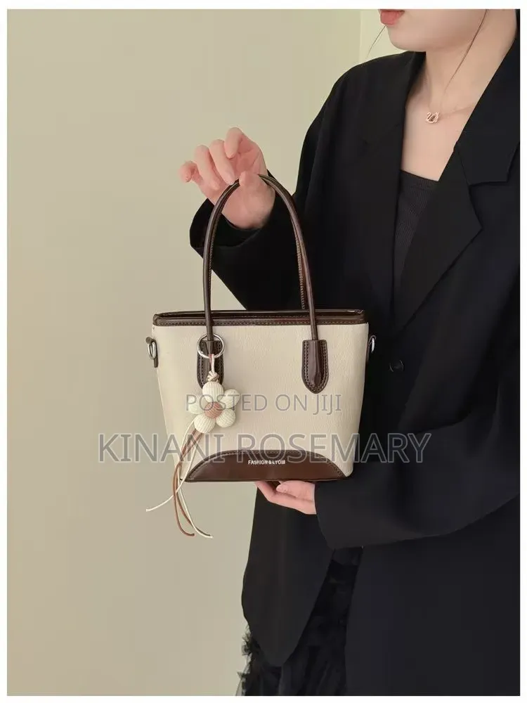 Two-Tone PU Leather Tote Handbag With Flower Charm – Brown Coffee
