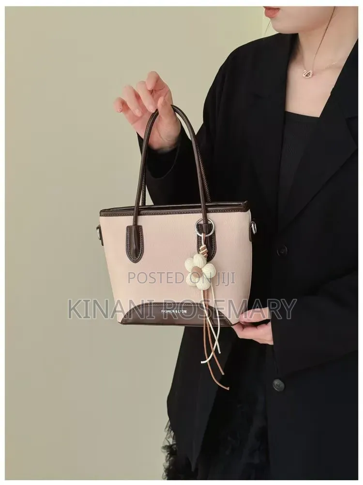 Two-Tone PU Leather Tote Handbag With Flower Charm – Brown Coffee