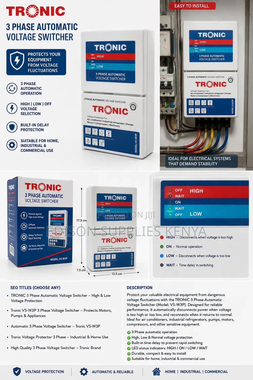 Tronic 3 Phase AVS Automatic Voltage Switcher 3Phase Stabilizer VS AV3
