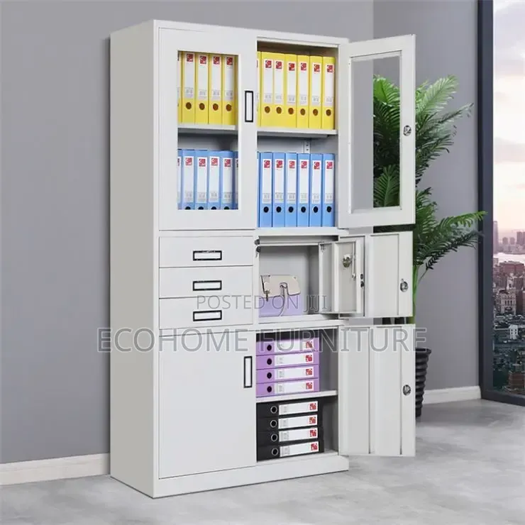 Steel Office Storage Cabinet With Glass Doors, Drawers Lockable