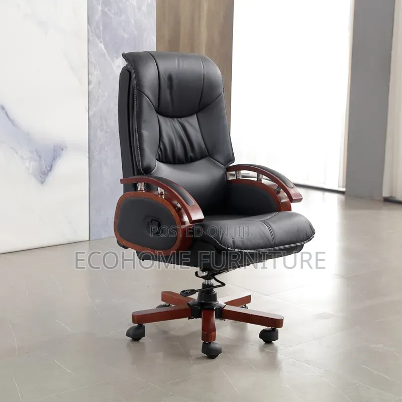 Executive Leather Office Chair With Wooden Armrests Base