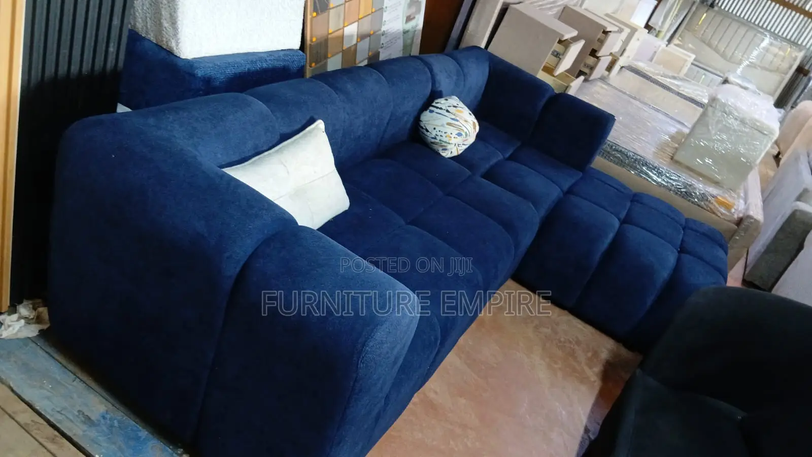 6 Seater L-Shaped Sofa Navy Blue Bubble Design