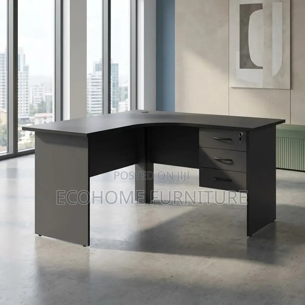 Study Desk. Gray L-Shape Home and Office Desk With Drawers
