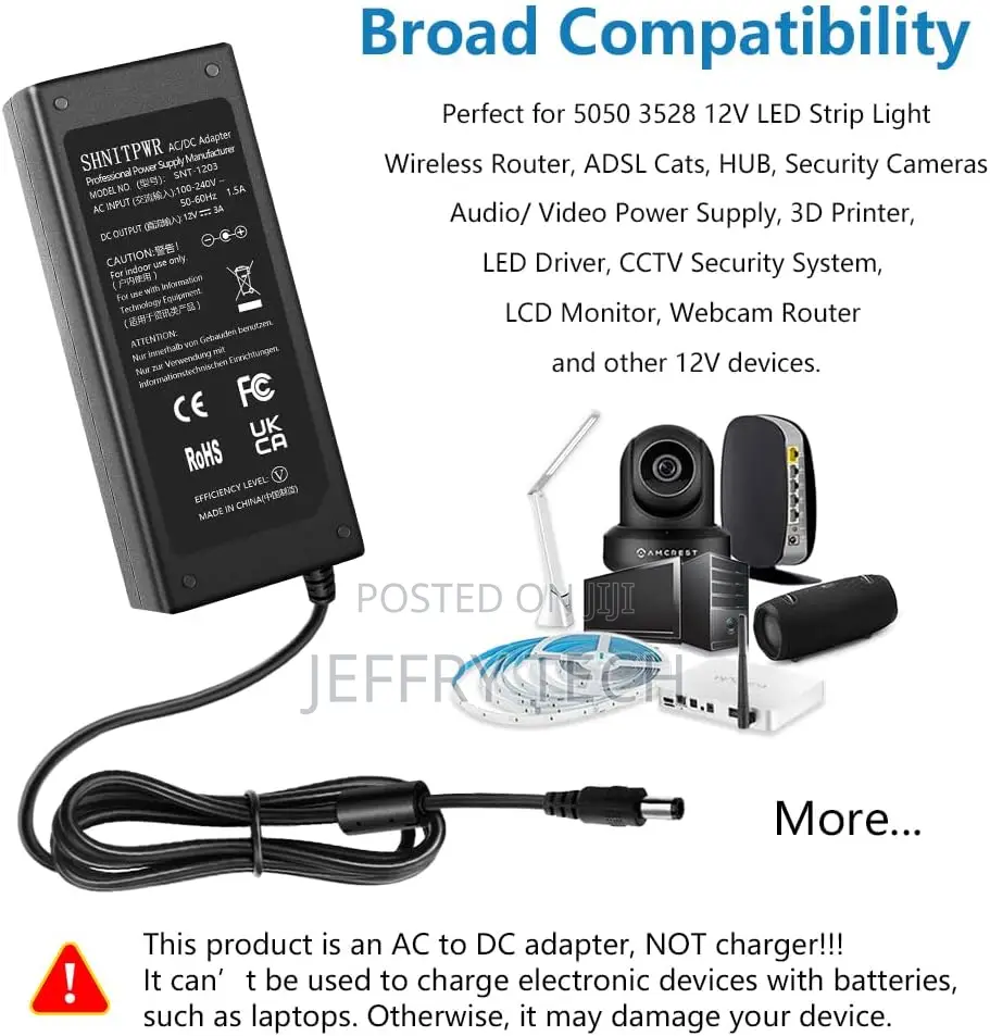 12V 3A Power Supply Adapter 100V~240V AC to DC 12 Volt 3Amp Converter