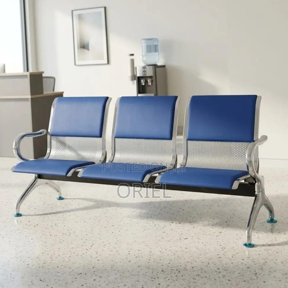 Office Bench : 3-Seater Blue Cushioned Office Leather Waiting Bench
