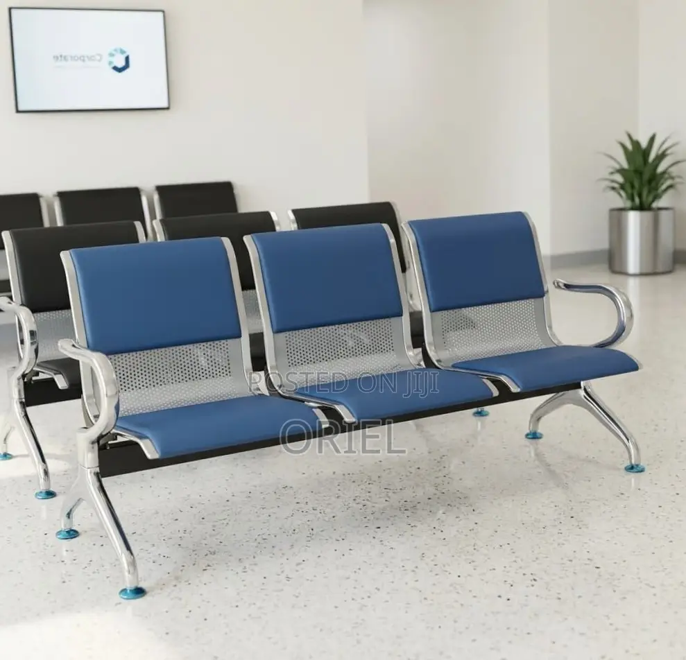 Office Bench : 3-Seater Blue Cushioned Office Leather Waiting Bench