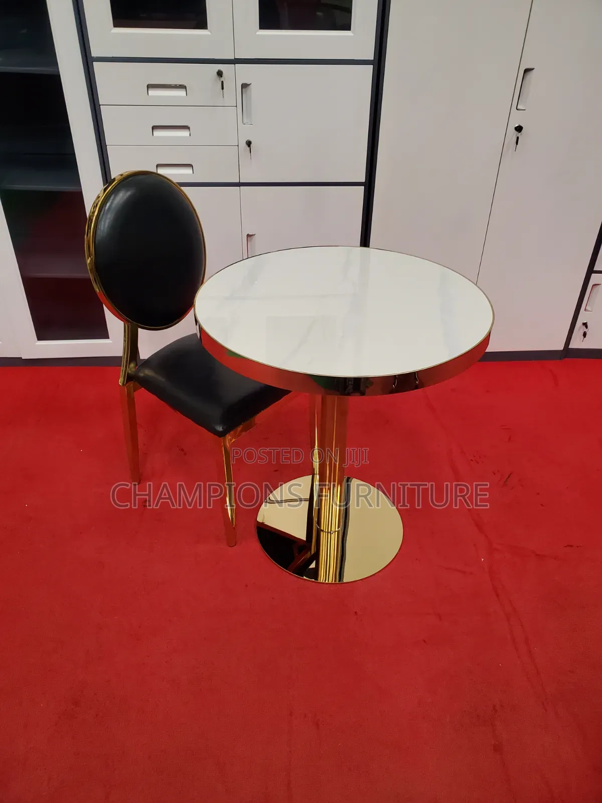 Gold Pedestal Dining Table and Medallion Chair Set