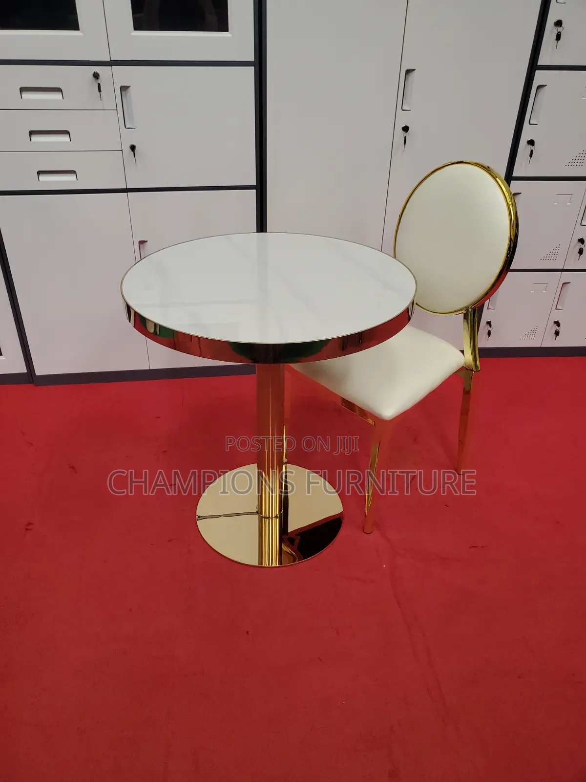 Gold Pedestal Dining Table and Medallion Chair Set