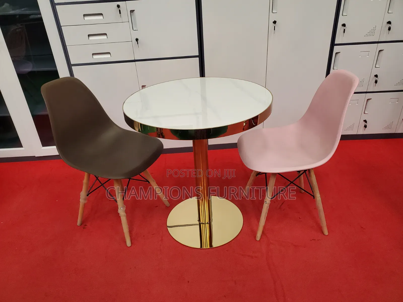 Gold Pedestal Table and Eames Chairs Set