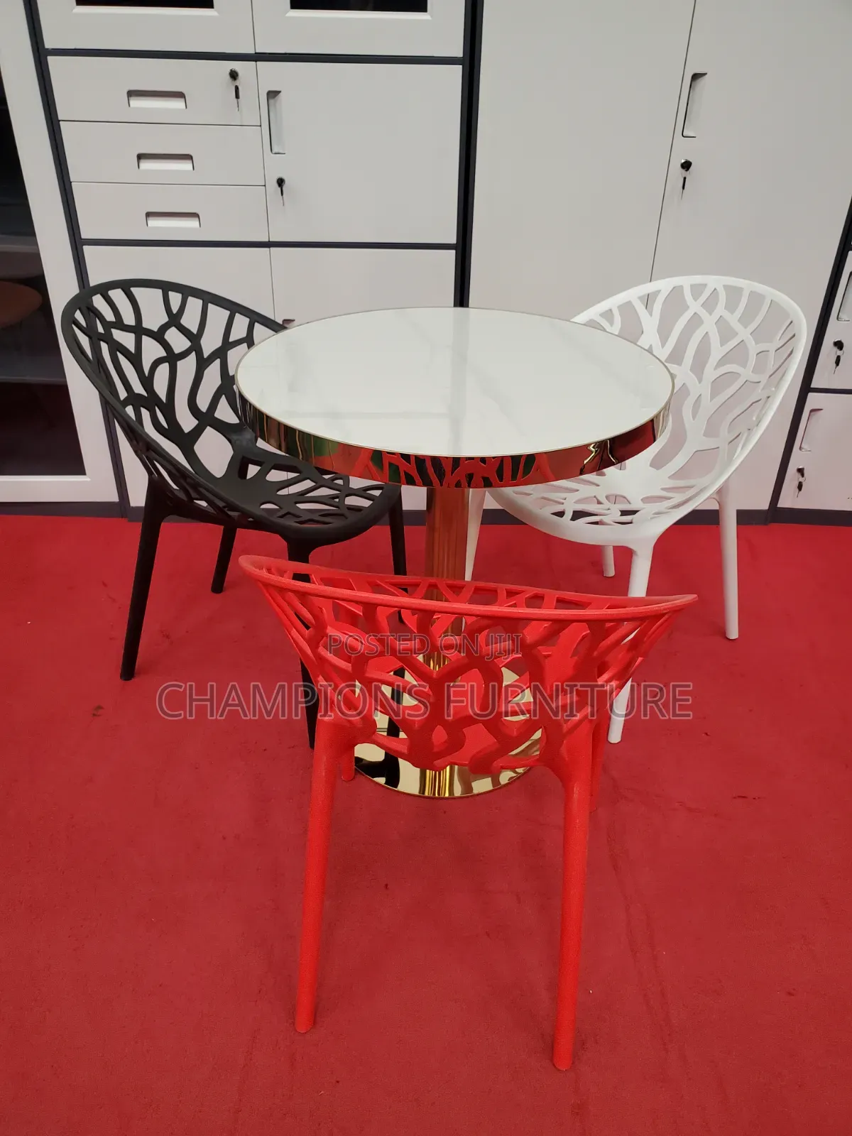 Gold Pedestal Table and Tree Chairs Set