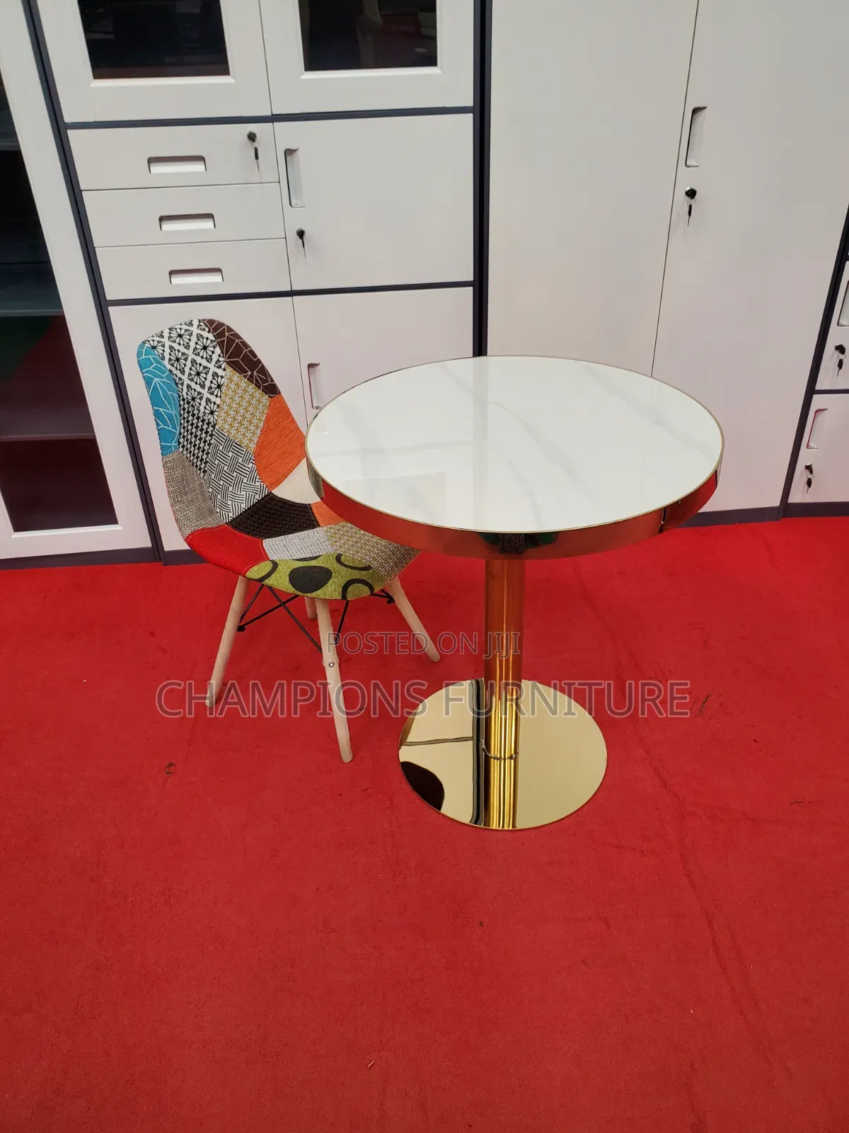 Gold Pedestal Table and Patchwork Accent Chair