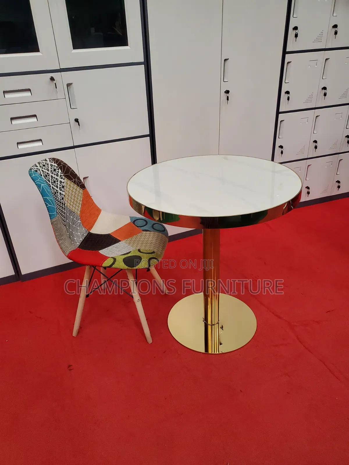 Gold Pedestal Table and Patchwork Accent Chair