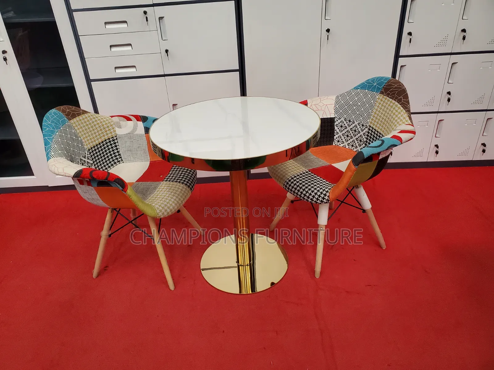 Gold Pedestal Table and Wide Patchwork Chairs