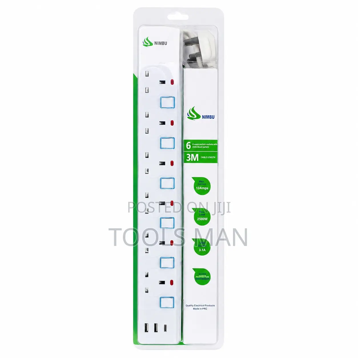 Surge Protector Power Strip Nimbu 6 Way Extension Socket 3M Cable 13A