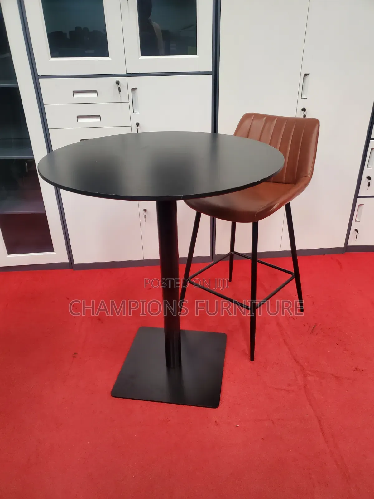 Black Adjustable Table and Brown Barstool Set
