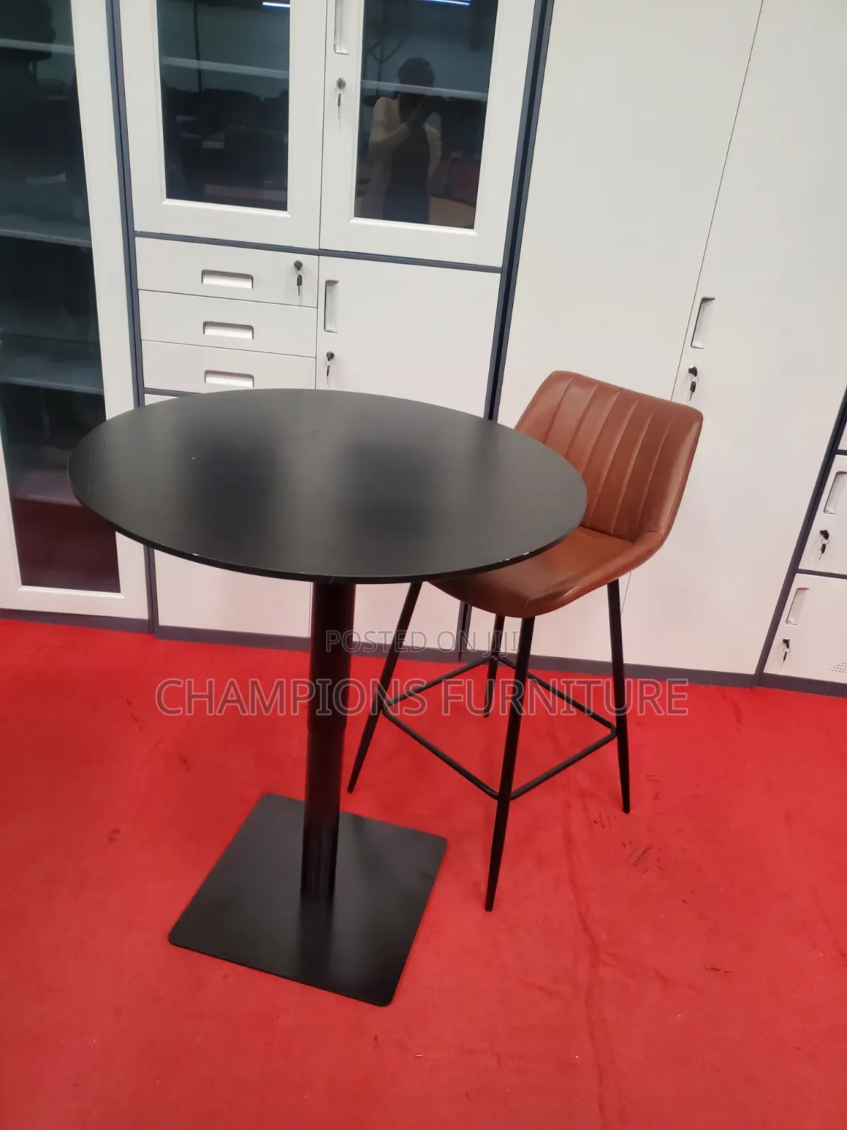 Black Adjustable Table and Brown Barstool Set