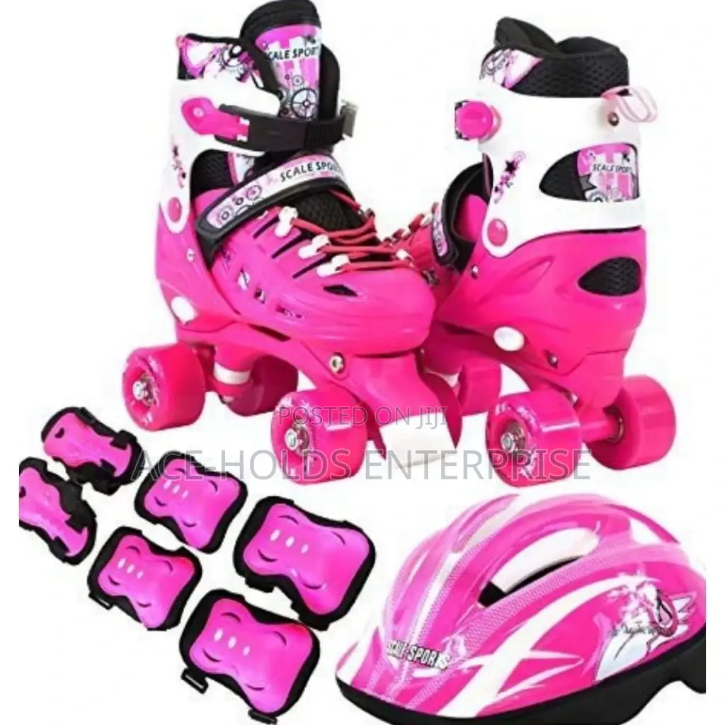 Kids Pink Complete Skating Shoes+Helmet +Protective Gear.