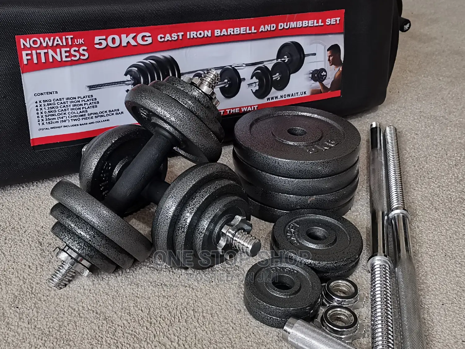 50kg Cast Iron Dumbbells/Barbell Set