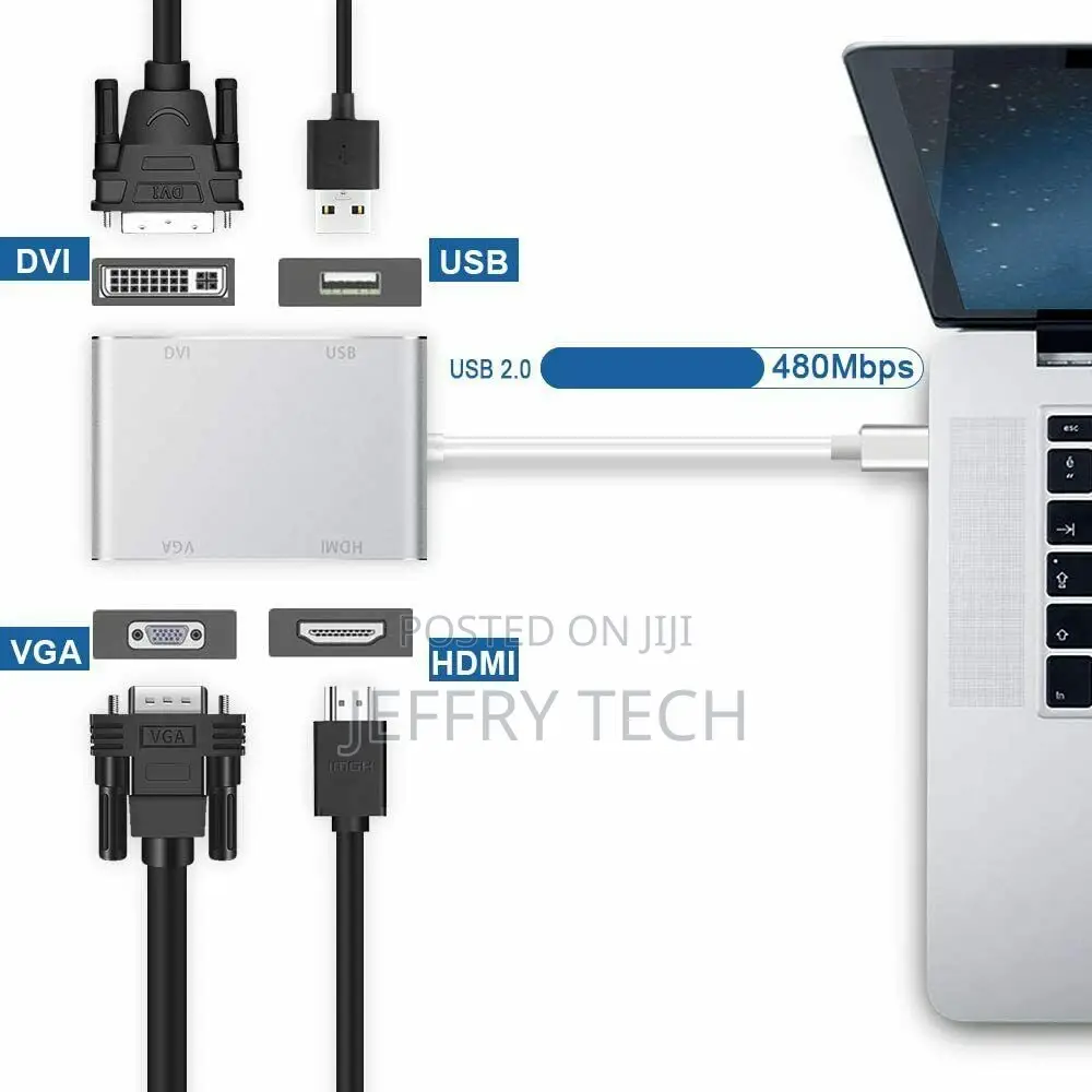 Type C to Hdmi / Vga / Dvi / Usb 2.0, 4 in 1 Multiport Ad