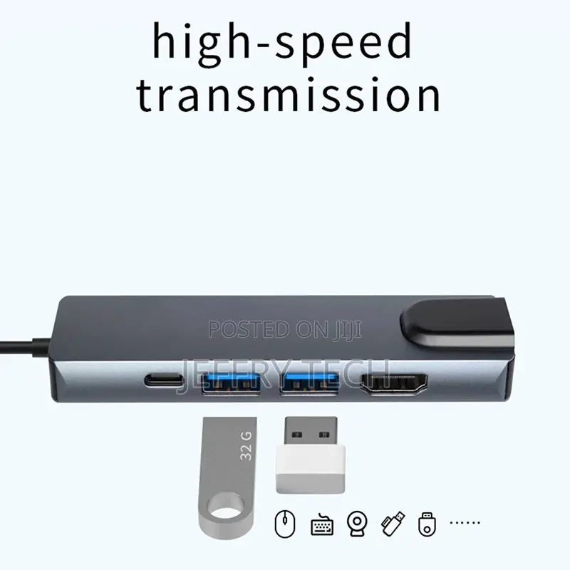Portable 5-In-1 Gigabit Ethernet Lan RJ45 Type-C Hub to HDTV