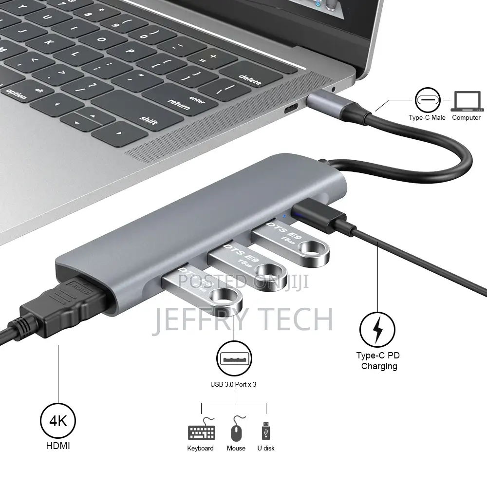 Type C to HD*4K+3*USB3.0+PD 5 in 1 Adapter USB-C Multiports