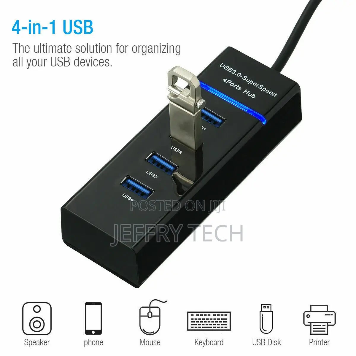 4 Port USB 3.0 Hub 5gbps High Speed On/Off Switches AC Power