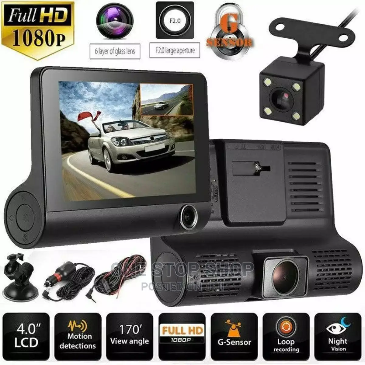 4" HD 1080P 170° 3 Lens Car DVR Dash Cam