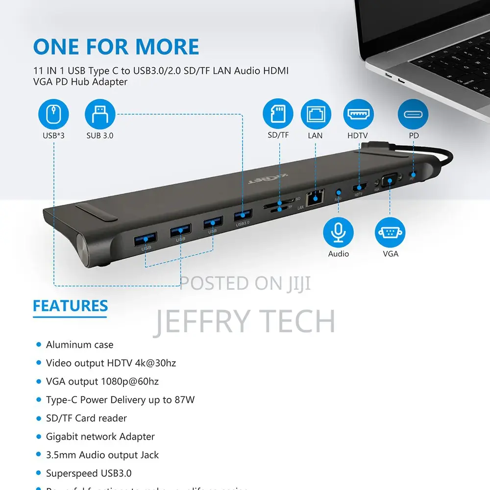 11 in 1 USB Type C to Usb3.0/2.0 Sd/Tf Lan Audio HDMI VGA Pd