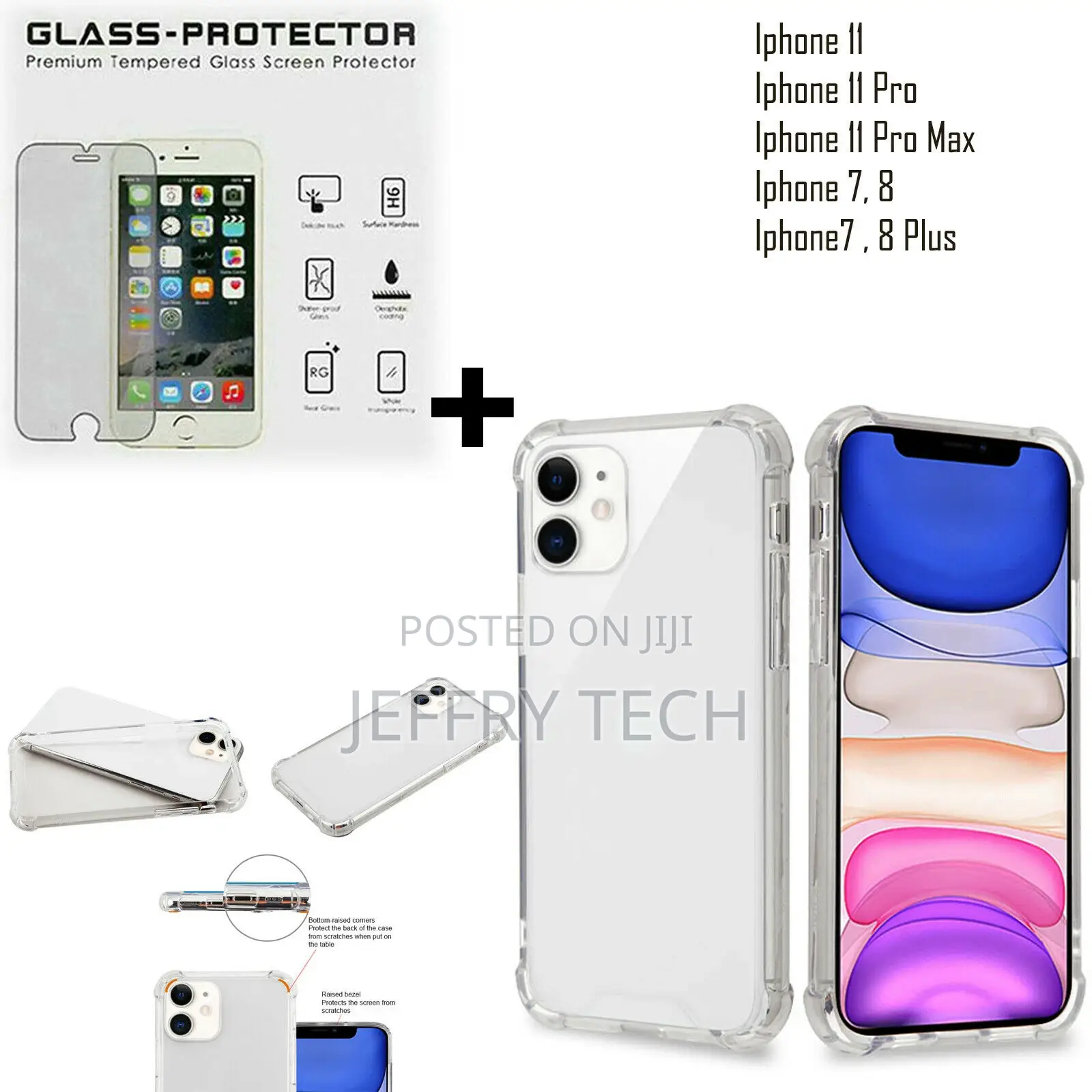 Clear Transparent TPU Case for iPhone 11, Pro, Max + Glass P