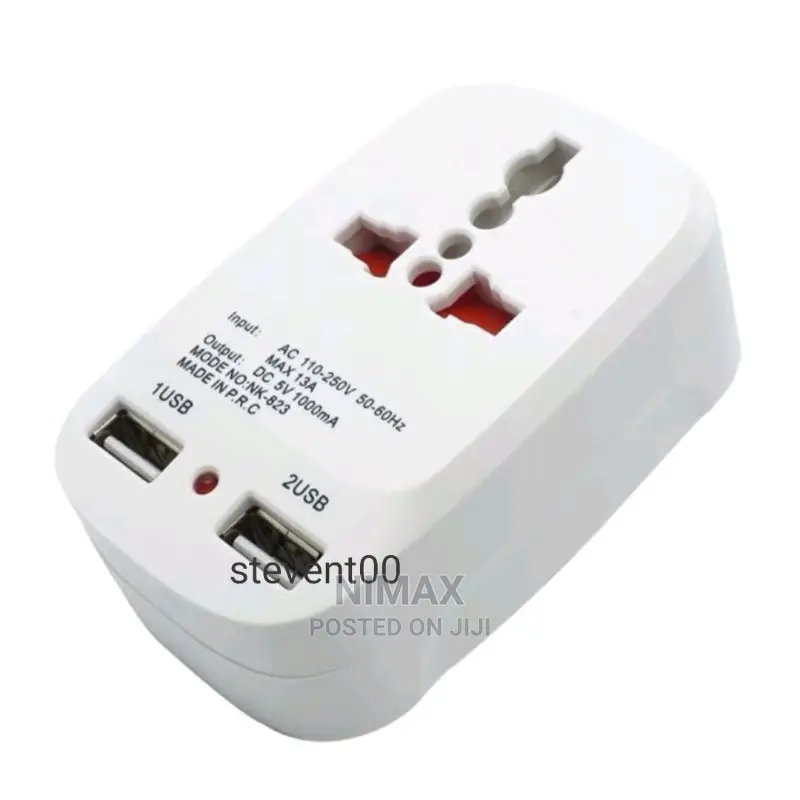 Travel Adapter With 2 Charging USB Ports.