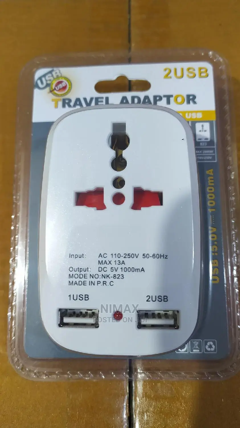 Travel Adapter With 2 Charging USB Ports.