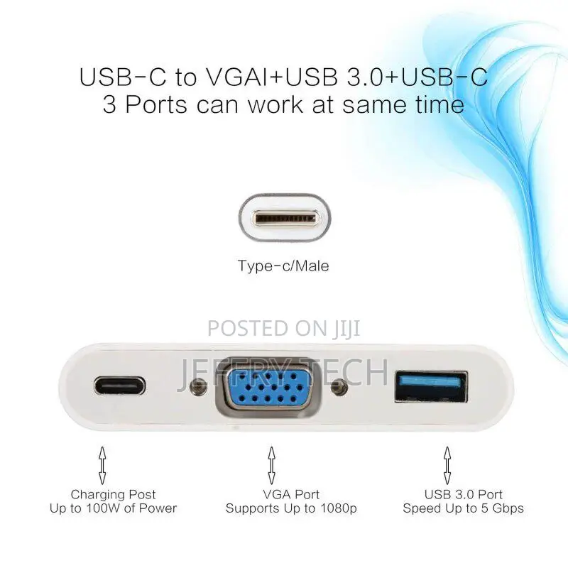 USB C to VGA Adapter 3-In-1 Multiport USB Type C Video Conve