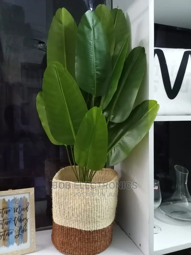 Artificial Banana Plant With Woven Basket and Pebbles